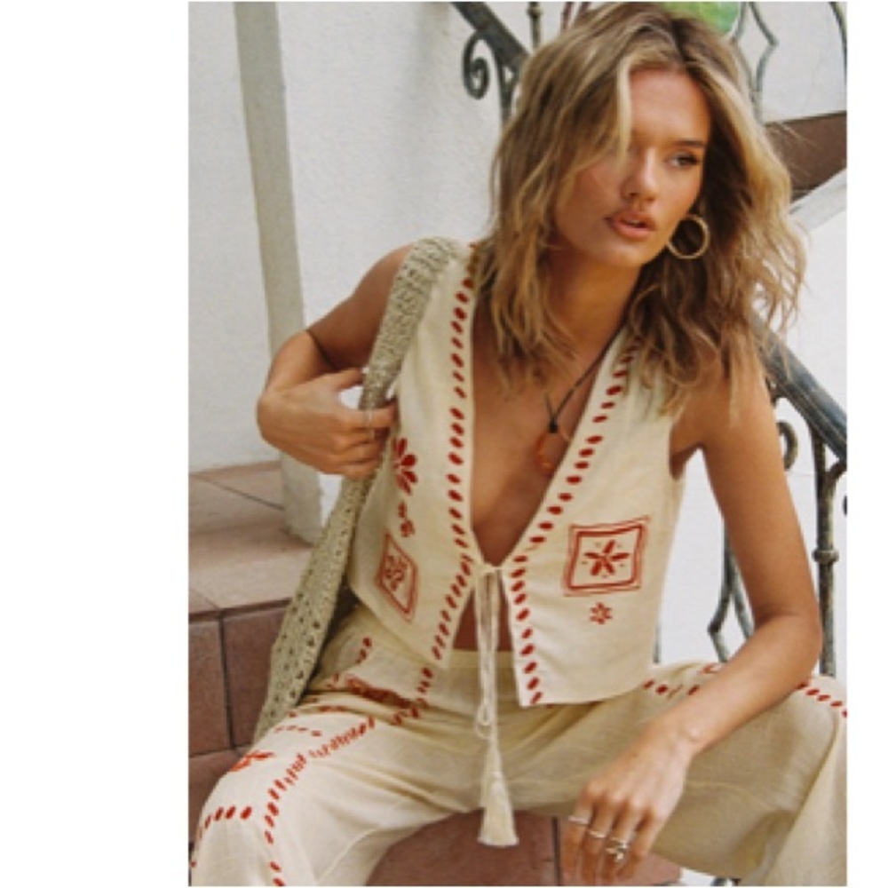 Princess Polly Cream and Red Embroidered Pantsuit